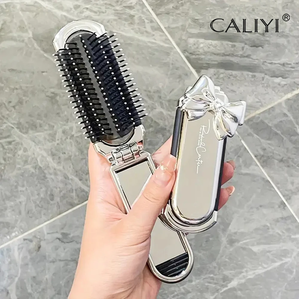 CALIYI 1 Stück faltbarer Mini-Taschen-Haarkamm mit Spiegel, tragbarer Massagekamm, Bürste für Salon, Reisen, Outdoor, Make-up-Styling-Werkzeuge