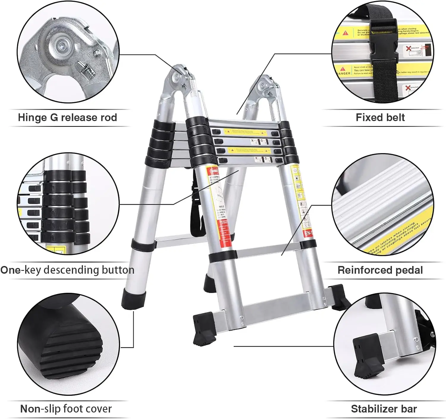 Scala telescopica da 3.8m con bilanciere, ruote mobili, per uso domestico ed esterno, design pieghevole multiuso.