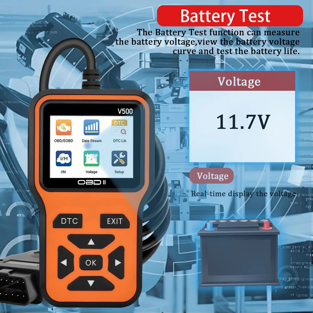 รถOBD2 เครื่องสแกนเนอร์เครื่องมือวินิจฉัยรหัสReader,เครื่องทดสอบแรงดันไฟฟ้าเครื่องยนต์Fault Code Scanner,ชาร์จเครื่องทดสอบเครื่องมือวินิจฉัยV500
