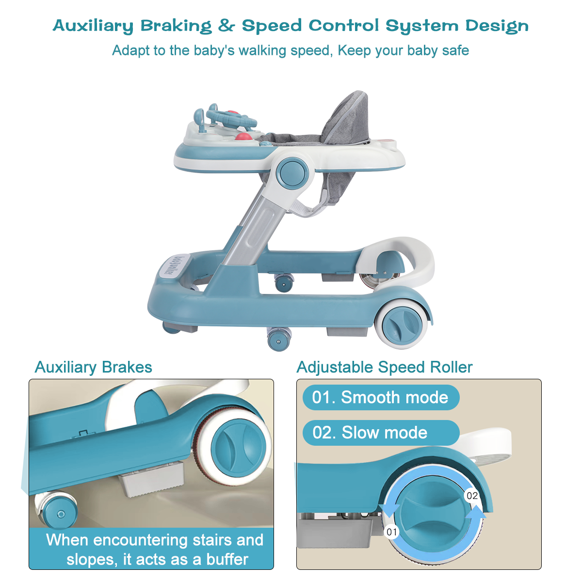 Foldable Baby Activity Walker, Push Walker with Removable Feeding Tray and Music Tray for 6-18 Months baby