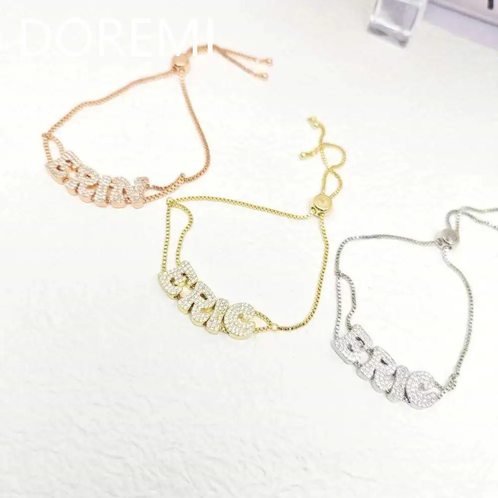 DOREMI cristal circón nombre personalizado letra doble cadena malla delicada letra deslizante personalizar nombre pulseras
