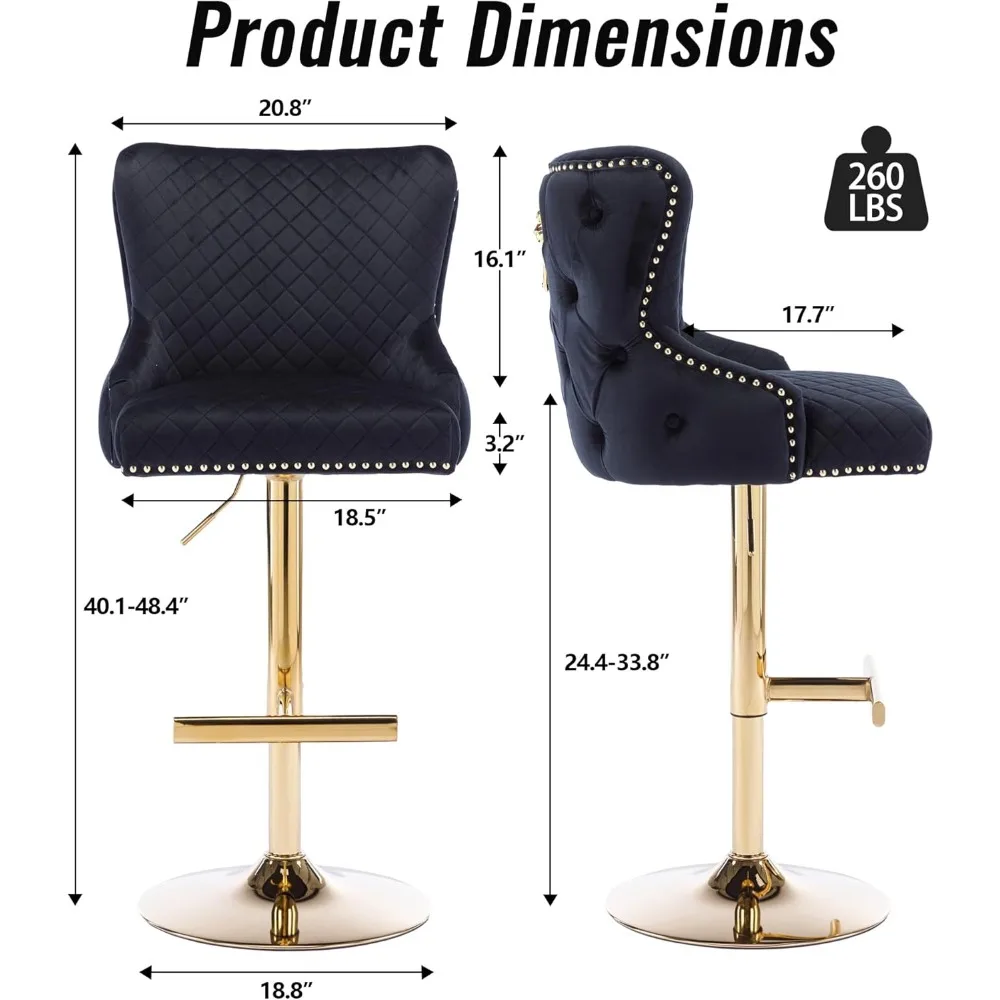 Luxury Velvet Barstools Set of 2, Height Adjustable Swivel  with Lion Head Pull Ring, Modern Button Tufted Back Bar Stools