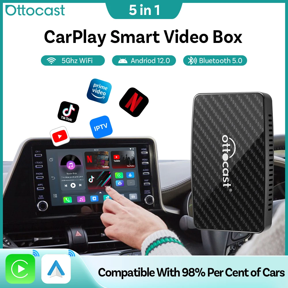 Ottocast Play2Video Pro Ai Box Беспроводной адаптер CarPlay Android Auto Встроенный Youtube Netflix IPTV для автомобиля с проводным Carplay