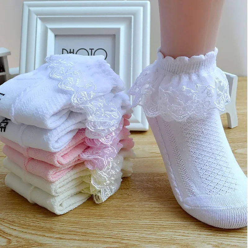 Calcetines de malla de encaje de algodón transpirable con volantes princesa niños tobillo calcetín corto blanco rosa amarillo para bebés niñas niños pequeños