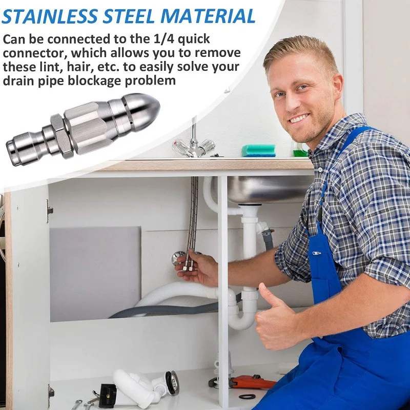 Boquilla rociadora de alta presión con chorro de agua SenNan, alcantarillado limpio, lavadora a presión de acero inoxidable de 1/4 ", herramienta de boquilla de manguera de drenaje de enchufe rápido