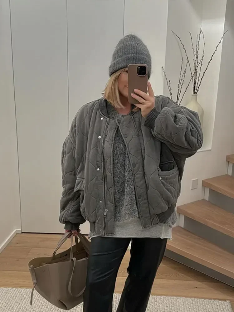 Chaqueta acolchada de algodón gris con una hilera de botones para mujer, abrigos informales de manga larga con cuello levantado y bolsillo, prendas de vestir exteriores para ir al trabajo en otoño e invierno