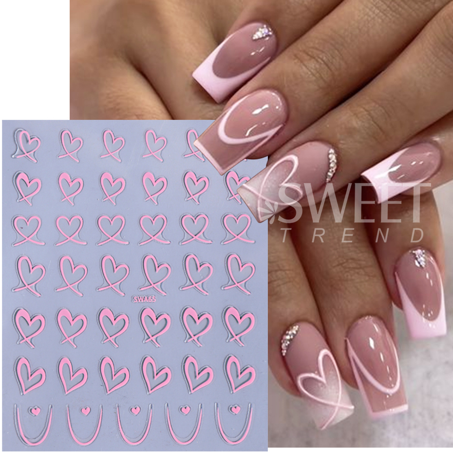3pcs Valentine's Day Nail Art Stickers 3D Black White Pink Lines Love Heart Nail Decals DIY Adhesive Slider Manicure Decorations