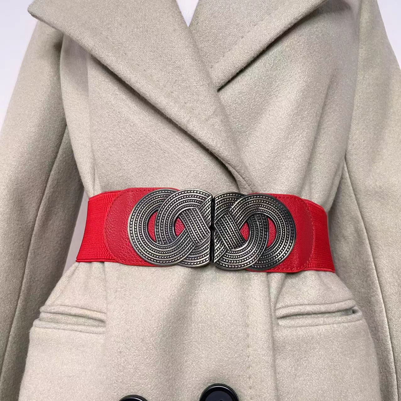 Cinturón elástico ancho para mujer, cinturón de vestir de cuero PU elástico a la moda Retro para mujer
