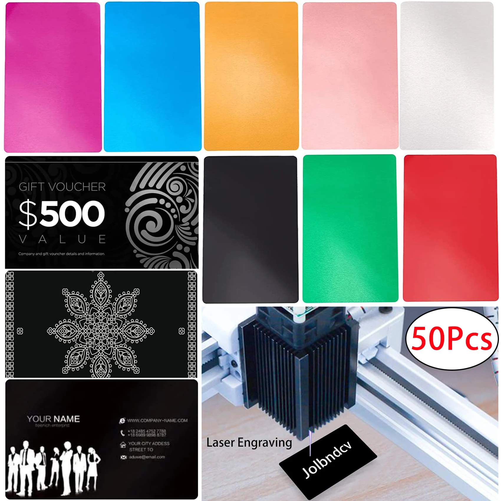 50 pçs cartões de visita de metal nome em branco gravado a laser diy folha de alumínio carte gravura espaços em branco para cnc gravador placas laser