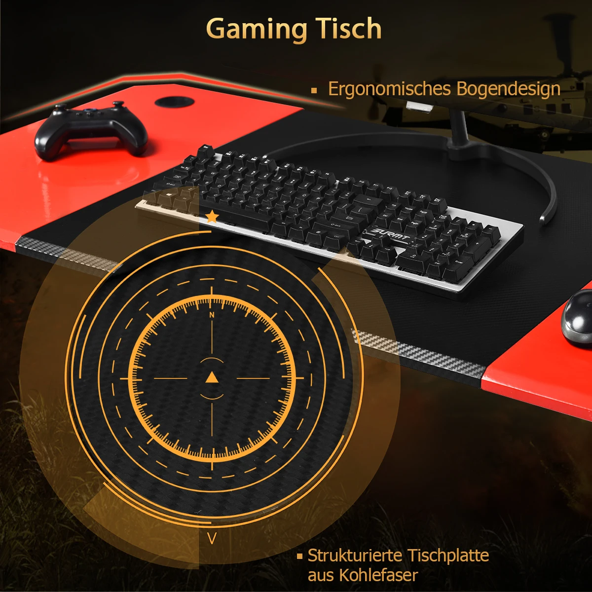 Z-förmige Gaming Tisch, Computertisch, PC Tisch mit Becherhalter, Kopfhörerhaken und Boxenständern, Schreibtisch für Zuhause