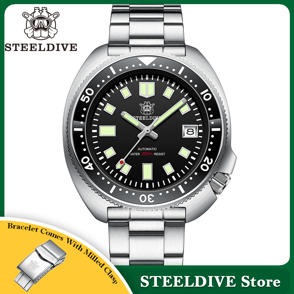 Steeldive SD1970 Белый фон с датой 200 м Водонепроницаемое AR-покрытие Сапфировое стекло NH35 Черный циферблат Черепаха Автоматические мужские часы для дайвинга