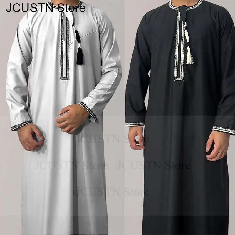 Muslimische Männer Langarm Pullover Kleid Aman Abaya Jubba Thobe für Männer Saudi-arabischen Kaftan Islam Kleidung Rayer Robe Afghanischer Mann
