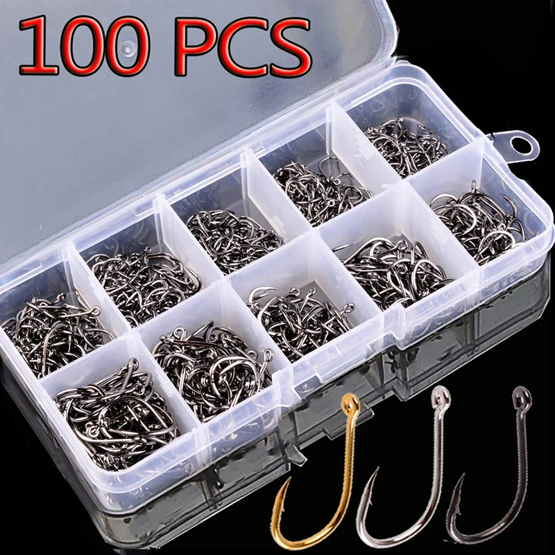 Juego de anzuelos de pesca, caja de 100 Uds., 10 series, acero rico en carbono, anzuelo de pesca de un solo círculo, pesca con mosca, anzuelos de carpa con púas Jip