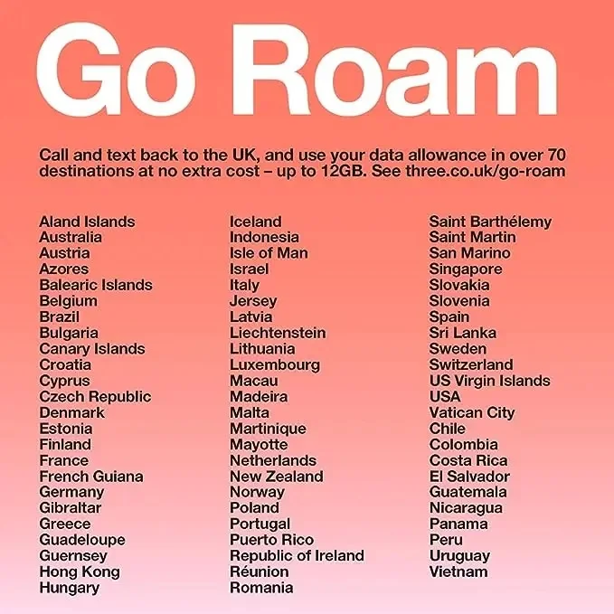 PrePaid Europe (UK THREE) sim card 12GB data+3000 minutes+3000 SMS for 30days with FREE ROAMING/USE in 71destinations all Europe