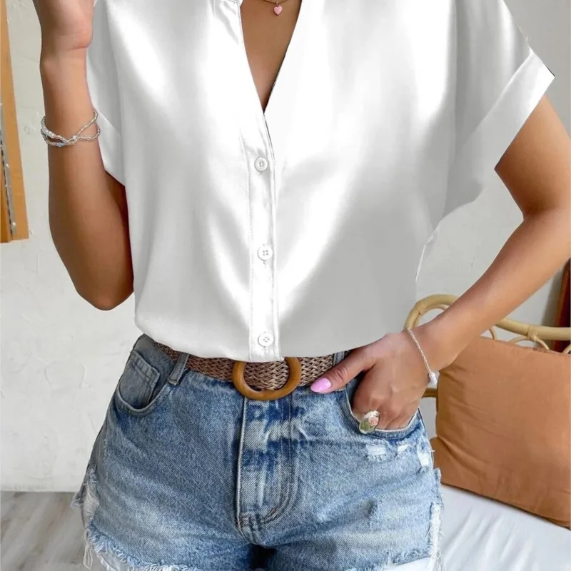 ฤดูร้อนMinimalistผู้หญิงVคอเสื้อ 2024 ผู้หญิงซาตินสีแดงแขนสั้นเดี่ยวBreasted Casual FITTINGเสื้อสํานักงาน