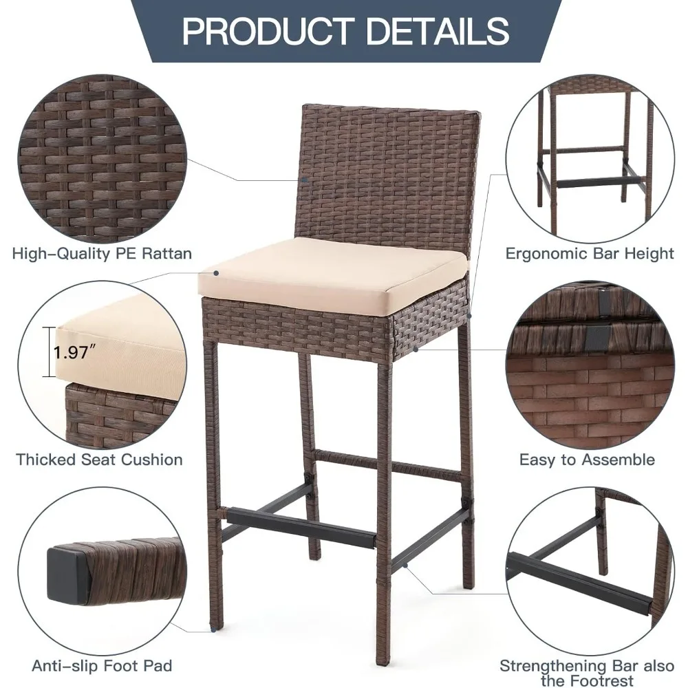 Rattan Bar Stools Set of 6, Patio Wicker Barstools with Cushions, Patio Bar Chairs Armless for Backyard, Poolside