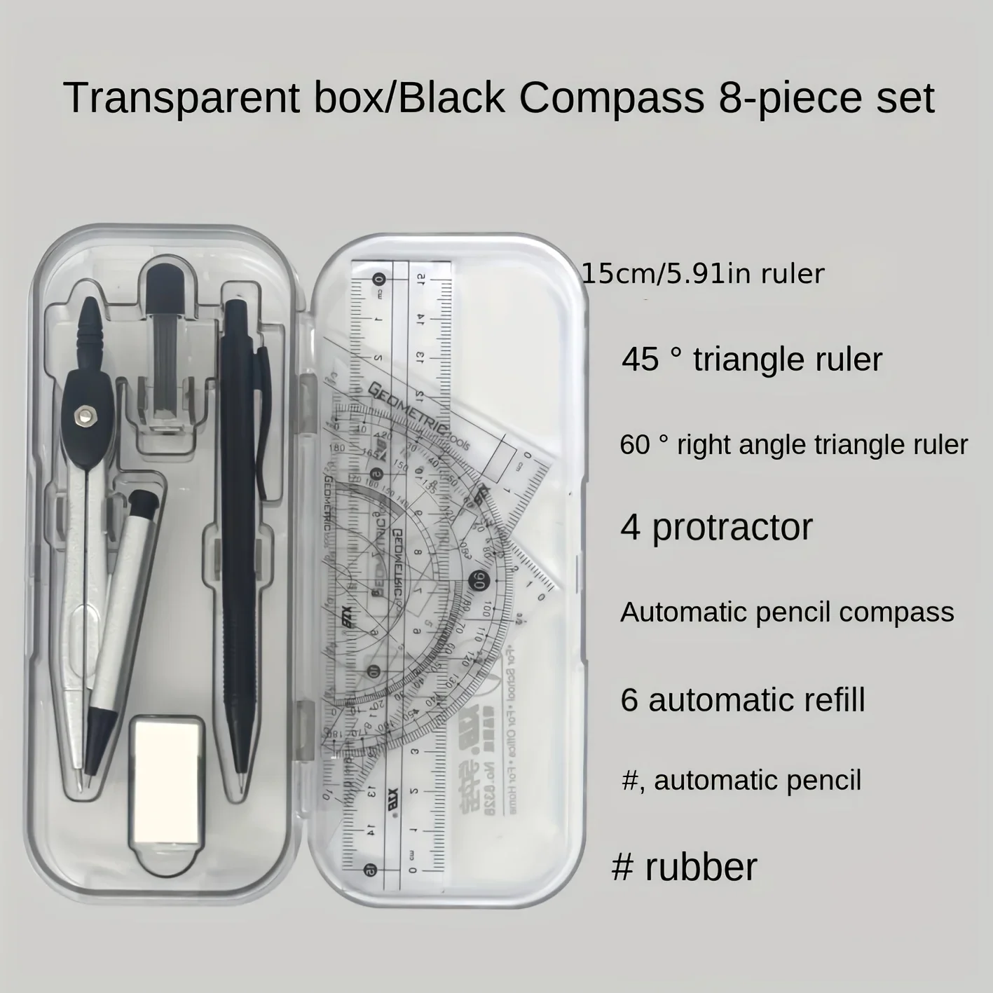 8-in-1 Mathematical Geometry Kit with Compass Ruler and Protractor, Essential for The Start of School Season