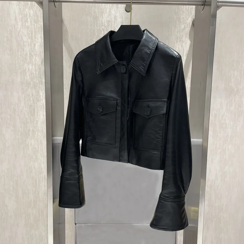 Frauen Mantel Frühling 2025, Neue Ankunft Echtes Leder Jacke Drehen-unten Kragen Kleidung Hohe Qualität Kurze Länge Oberbekleidung