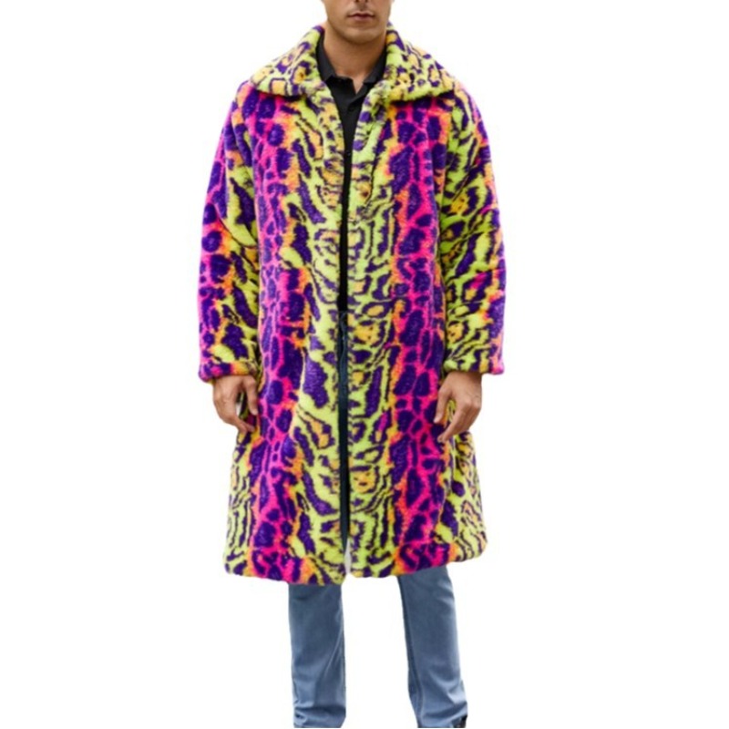 Kontrastierender Mantel aus Kunstpelz mit Leopardenmuster, warmer Herbst- und Wintermantel für Herren