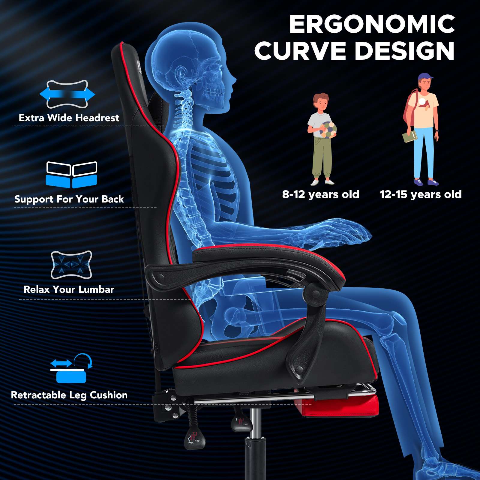 Chaise de jeu ergonomique avec massage et repose-pieds, support lombaire, dossier haut, chaise de jeu E-Sports
