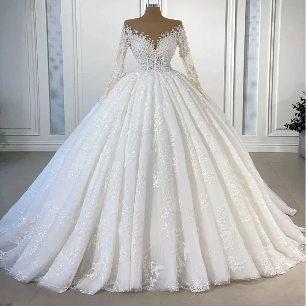Flavinke Abiti da sposa linea A maniche lunghe con scollo a V in pizzo setoso elegante personalizzato 2025 Abiti da sposa in pelle marrone con perle di perline