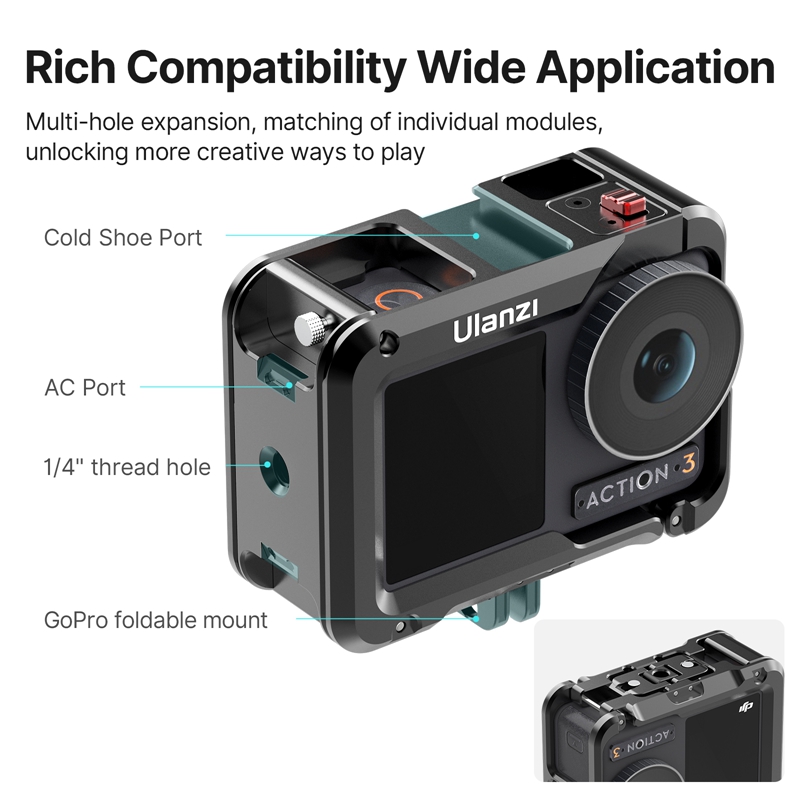 Ulanzi DJI OSMO ACTION 5 4 3 Full Protective Frame Case Quick Release with Cold Shoe 1/4 Hole Metal Cage GoPro Foldable Mount