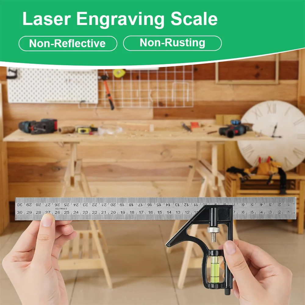 300MM Square Head with Aluminium Handle, 45/90 Degree Angle, Stop Angle Ruler with Level and Marking Pin, Angle Measuring Tool