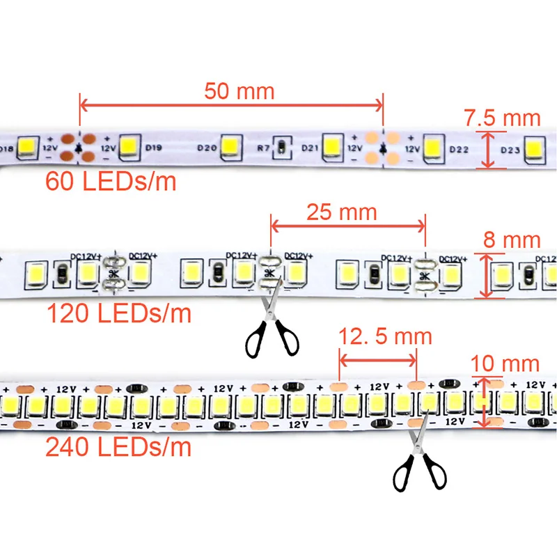 12V 24V LED Strip 2835 120 LEDs/m โคมไฟแถบสีชมพูสีแดงน้ําแข็งสีฟ้าสีเขียวสีเหลืองทองสีส้มยืดหยุ่นกันน้ํานุ่มโคมไฟบาร์