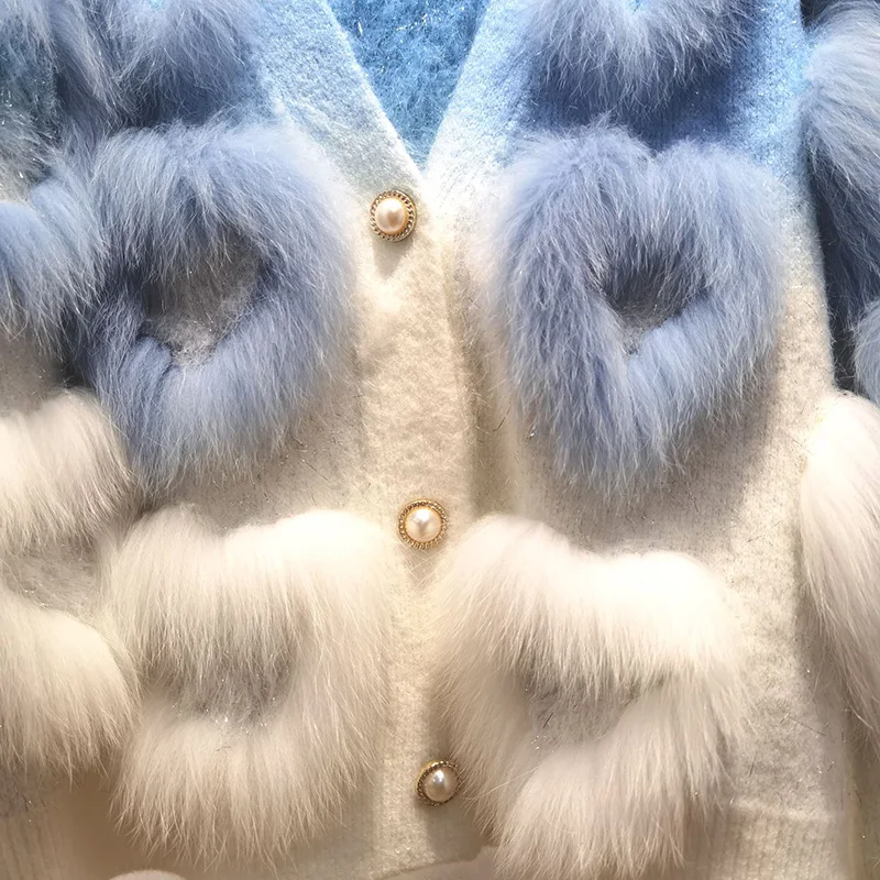 Frauen schöne V-Ausschnitt lose gestrickte Strickjacke mit echtem Fuchs Pelz besatz lose Liebe genäht weibliche Langarm warm Hit Farbe Pullover