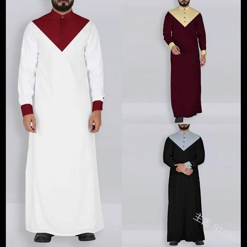 Mężczyźni Jubba Thobe islamski muzułmański Kaftan Abaya saudyjsko dubaj kołnierz szaty Jubba Thobe z długim rękawem odzież indyjska S-5XL