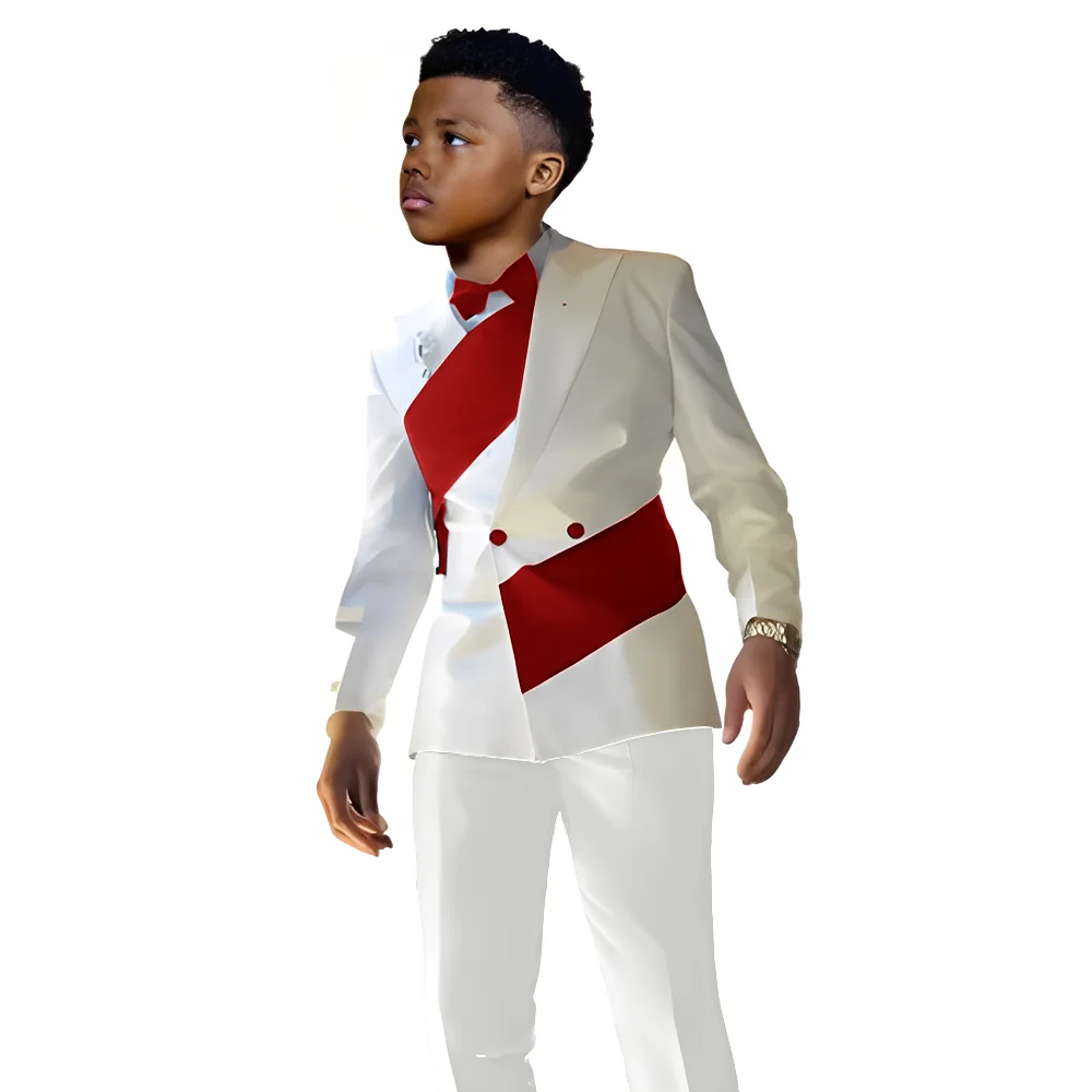 Satijnen jongenspak 2-delige set witte jas met dubbele rij knopen en broek bruiloft smoking kinderen voor 2-16 jaar oude jongen slim fit pak
