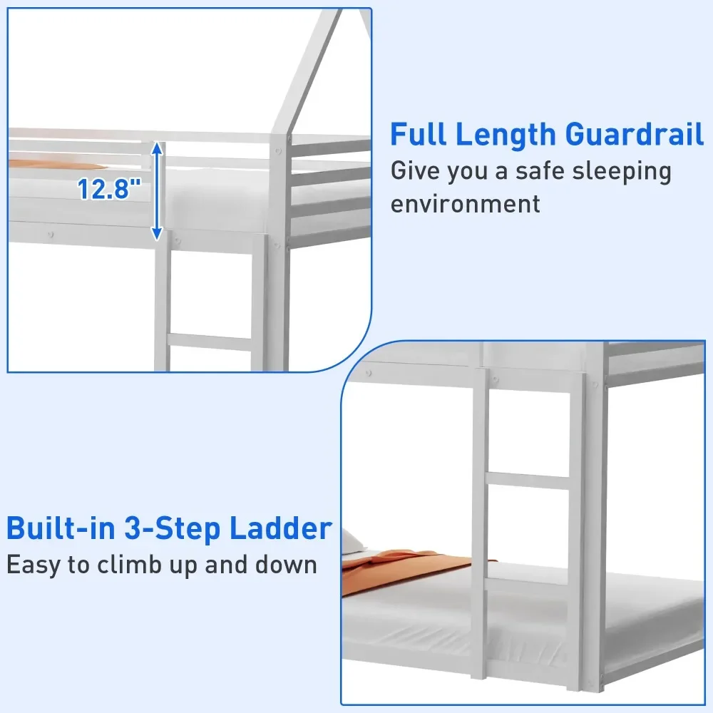 Twin Over Twin Metal Floor Bunk Bed with Slide, Metal Junior House Twins Size House Bunk Bed Frame with Ladder&Roof for Boy Girl