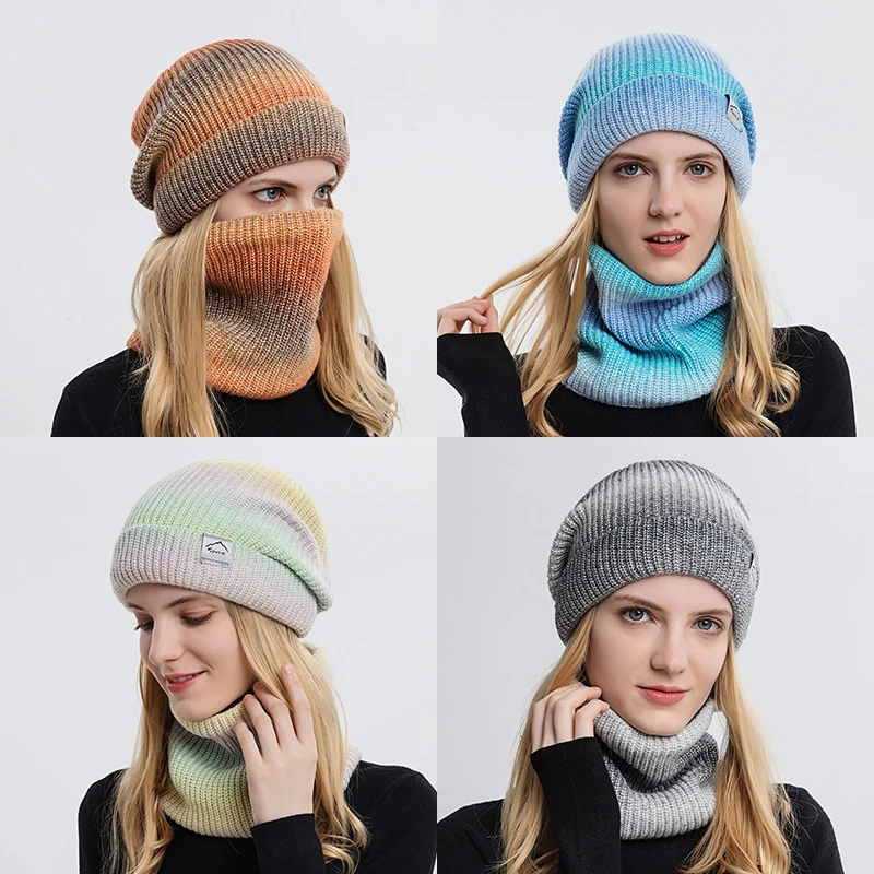 2pcs Warm Hat Set Autumn Winter Korean Version Gradient Color Woolen Thickened Ear Protection Cold