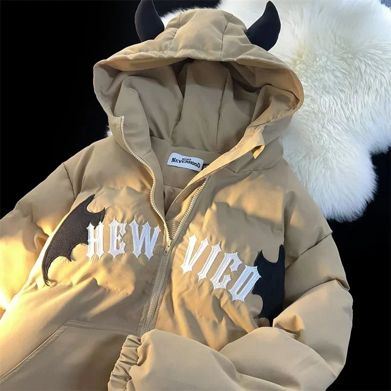 Inverno nova jaqueta de algodão diabo asa bordado pão jaquetas das mulheres dos homens do vintage harajuku casual solto com capuz algodão-acolchoado