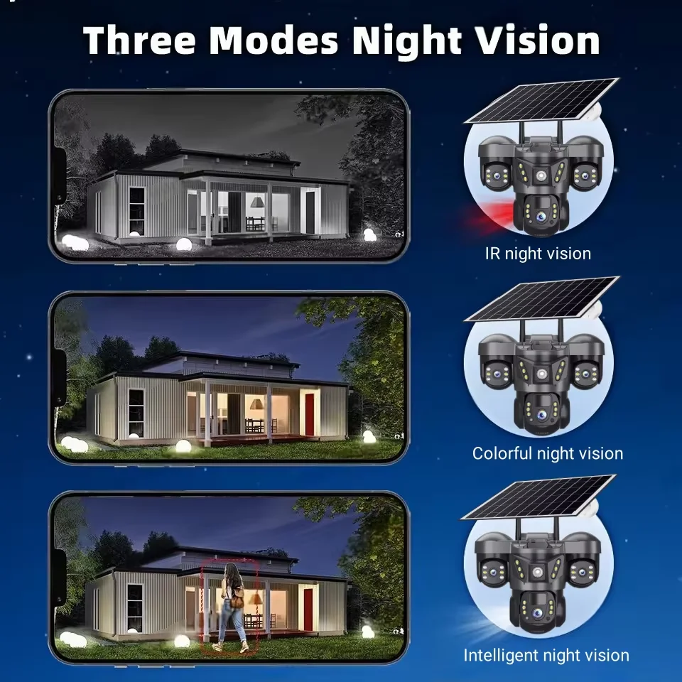 Telecamera solare esterna da 15MP 4G Tre lenti Tre schermi PIR Motion Detection Cam Visione notturna impermeabile Smart Security PTZ CCTV