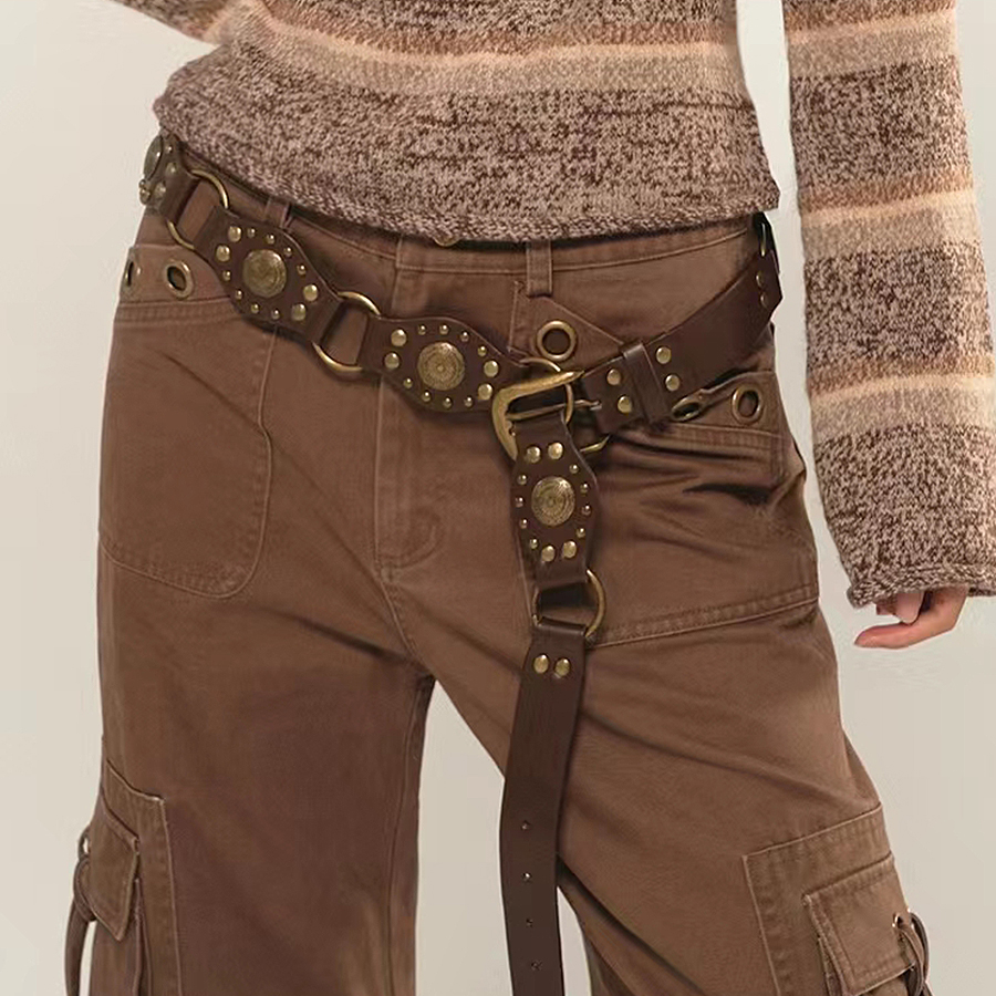 Western cowboy style metal buckle PU leather belt for women's retro rivet decoration needle buckle wide belt