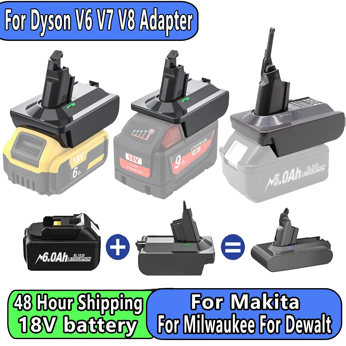Adaptador de batería de litio de 18V para Dyson V6 V7 V8 Series a Makita/Dewalt/Milwaukee Converter aspiradora ToolDC58/SV11/SV10