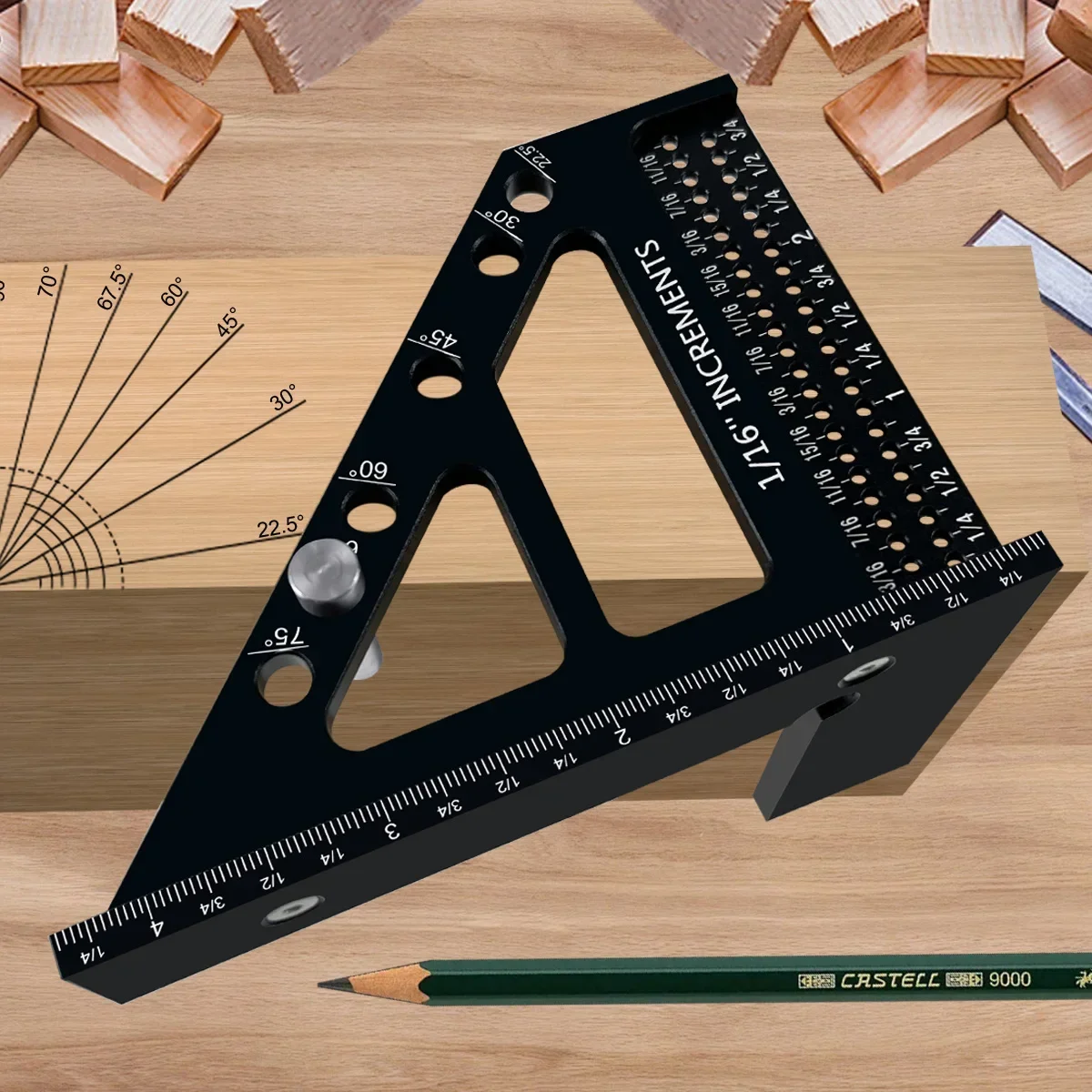 3D Multi-Angle Woodworking Square Protractor, Aluminum Alloy Miter Triangle Ruler T-Type Scriber - 22.5/30/45/60/67.5/90 Degree