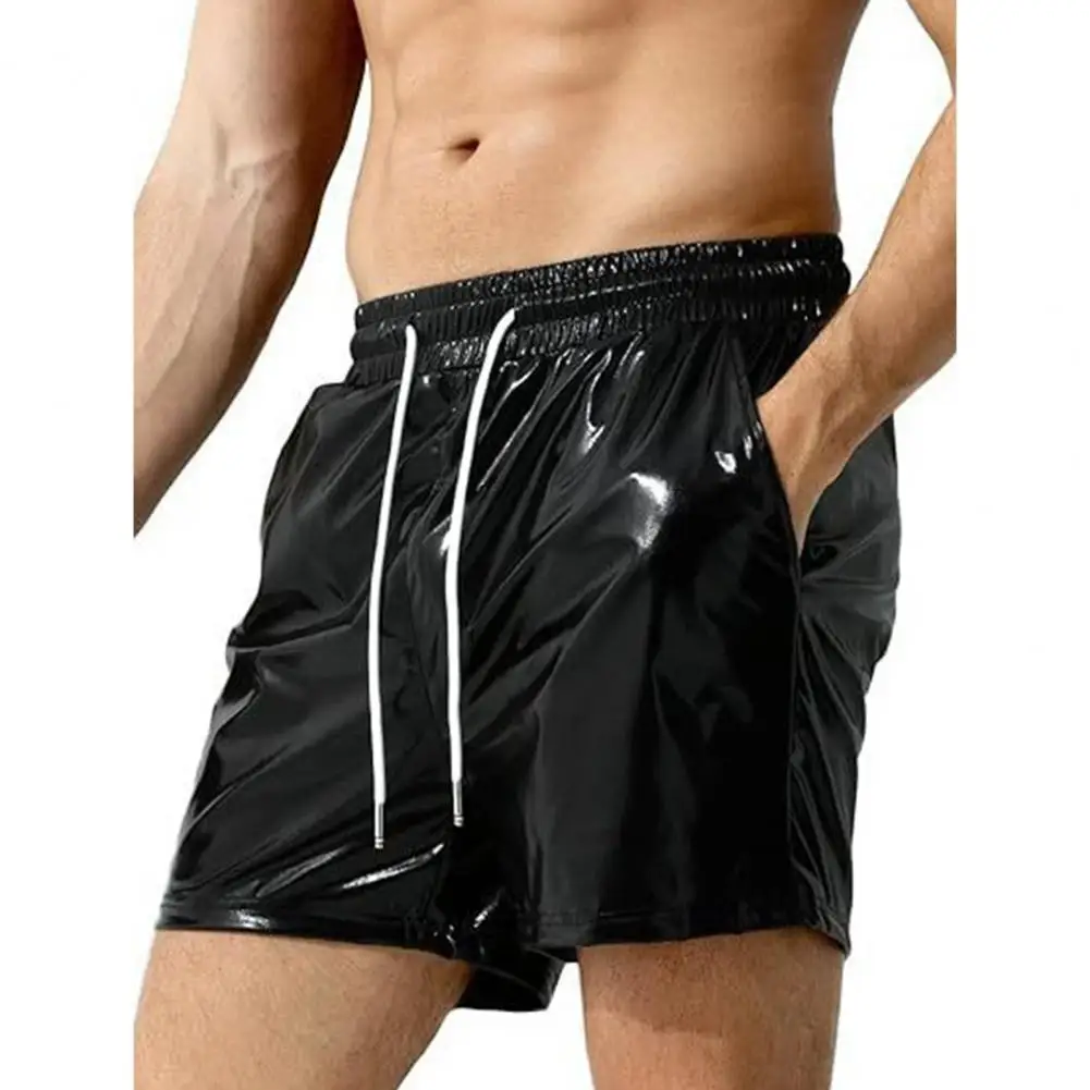 Sparkling Men Shorts Bright Color Shiny Shorts Elastic Waist Adjustable Drawstring Wide Leg Shorts Beach Casual Short Pants