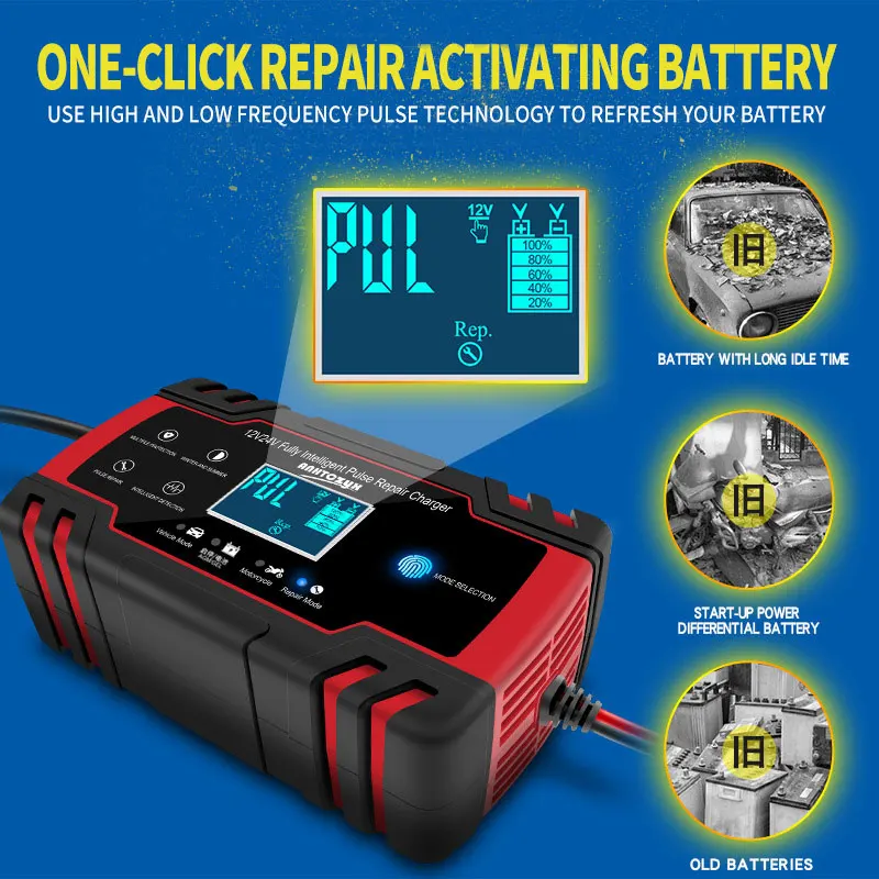 12-24V 6/8A Vollautomatisches Batterieladegerät Digitales LCD-Display Autobatterieladegeräte Power Puls Reparaturladegeräte Nass Trocken Bleisäure