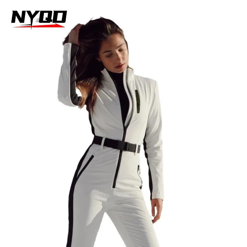 Women Long Sleeve Waterproof Windproof Skiing Overall Female Elegant Skateboard Jumpsuit Winter Patchwork Ski Jumpsuits For