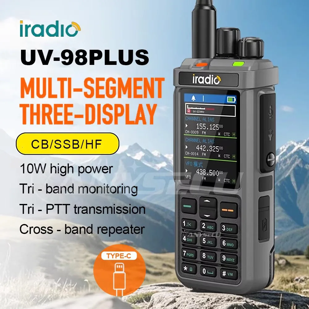 Iradio UV-98PLUS multibanda 10W FM AM SSB HF repetidor de banda cruzada Walkie Talkie tipo C carga Radioaficionado de onda corta