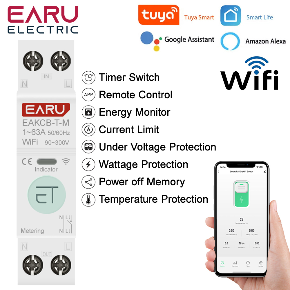 Умный автоматический выключатель Tuya Wi-Fi, таймер MCB, 1P + N, 63A, мощность, кВтч, измеритель напряжения и тока, защита голосового пульта дистанционного управления