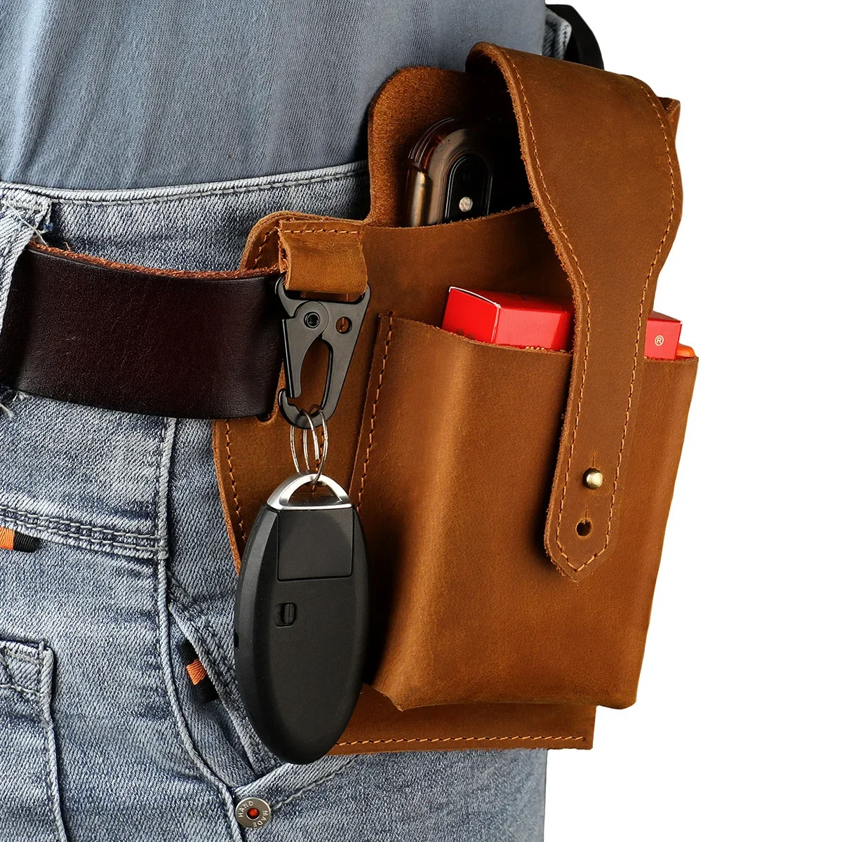 Riñonera táctica para exteriores de cuero genuino para hombre, riñonera de cuero de Caballo Loco con cinturón para teléfono móvil, novedad de 2024