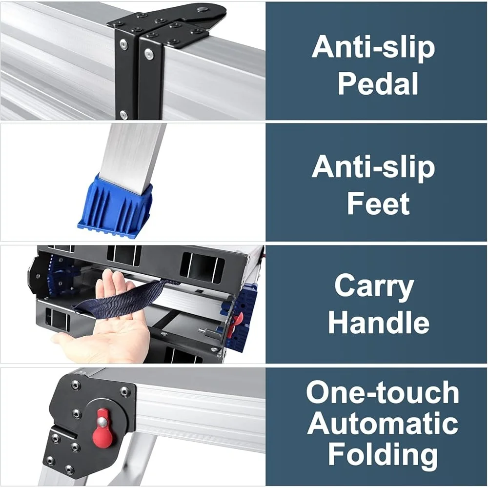 Foldable Aluminum Work Platform Lightweight Portable Step Stool 330lb Capacity Adjustable Height Non Slip Easy Install Carry