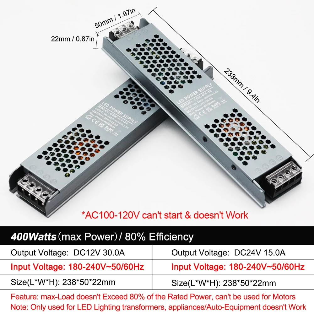 Adaptador de alimentação led silencioso ultrafino ac 180v-240v 400w dc 12v/24v transformador de iluminação led adequado para barras de luz led/tela