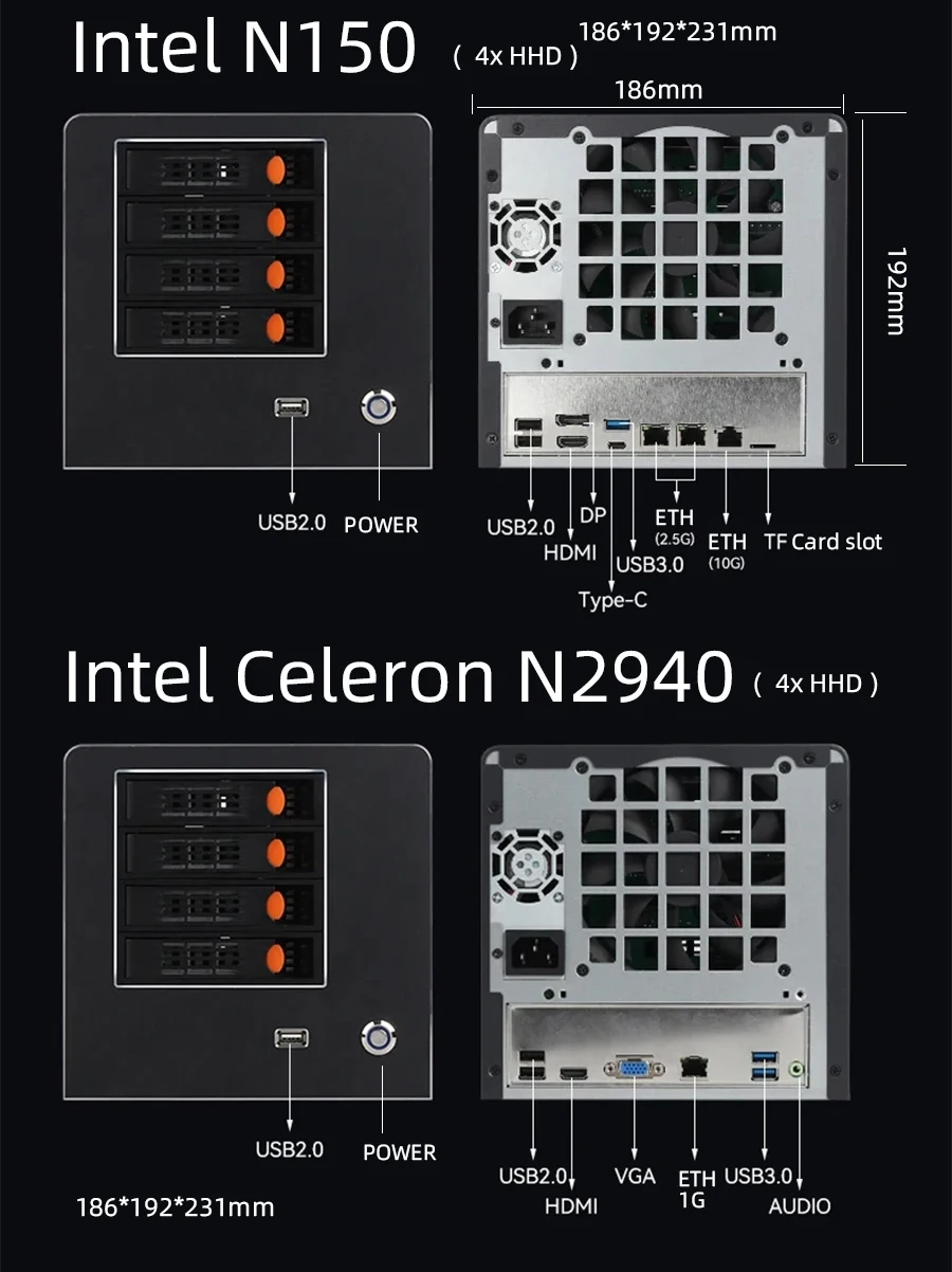 XCY X108 NAS 4/6/8 Bay 2,5/3,5 pulgadas SATA HDD Intel N150 DDR5 M.2 NVMe SSD 10G Ethernet tipo C Windows11 Linux RAID FreeNas