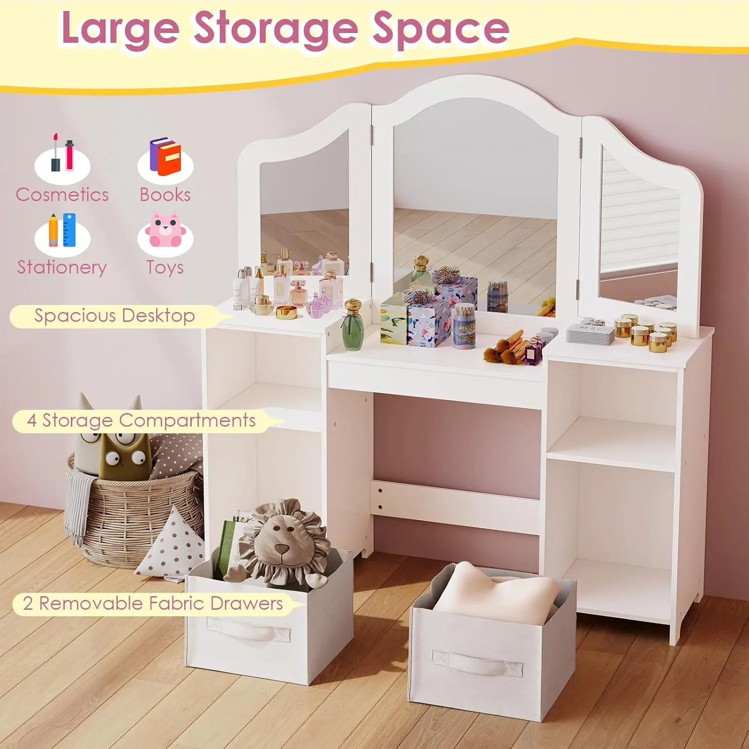 Kinder-Waschtisch, 2-in-1-Prinzessin-Make-up-Schreibtisch- und Stuhl-Set mit dreifach klappbarem, abnehmbarem Spiegel, große Ablageflächen aus Holz