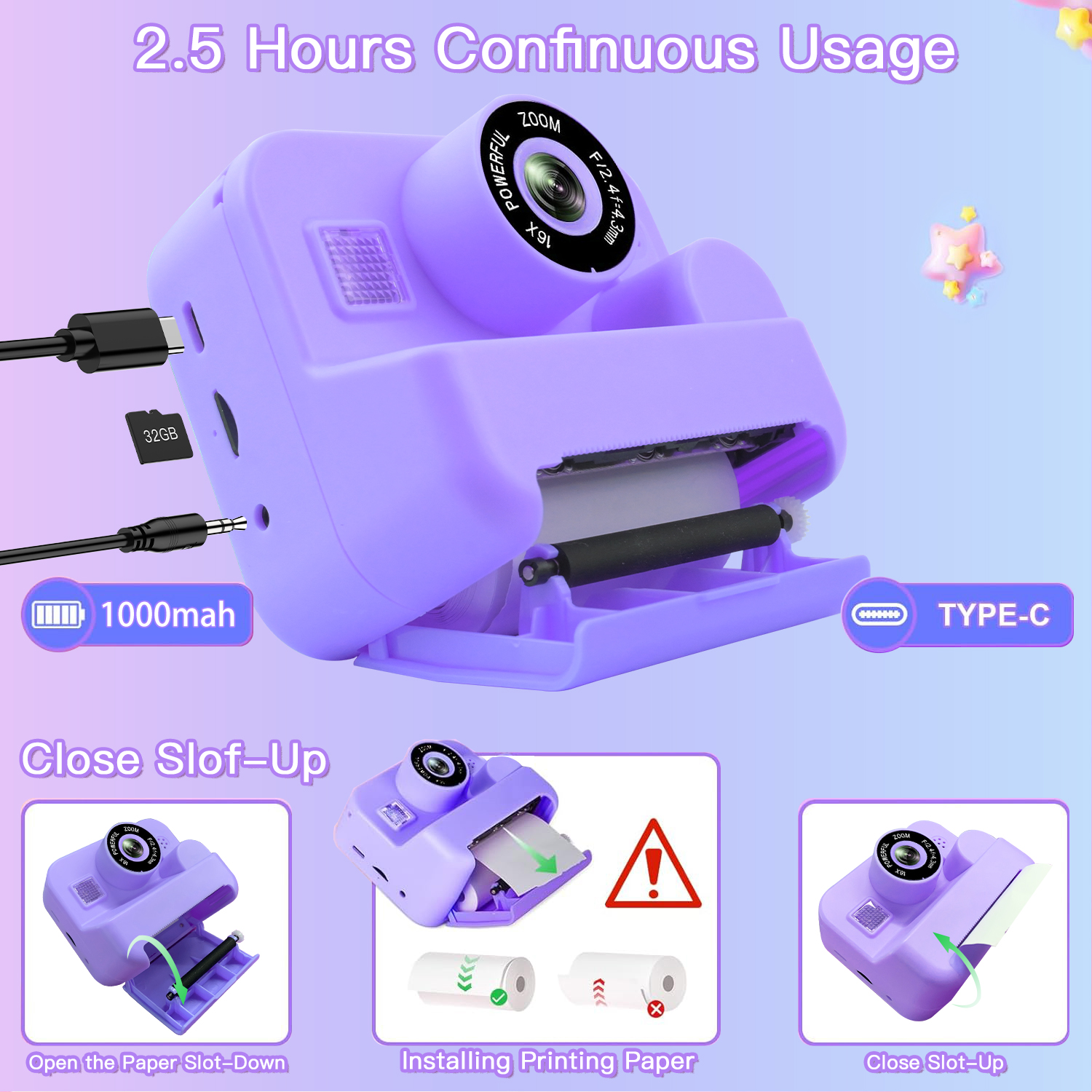 Câmera térmica de impressão instantânea com cartão 32G para crianças, mini câmera de vídeo digital HD, brinquedos educativos para meninos e meninas, presente de Halloween, 1080p