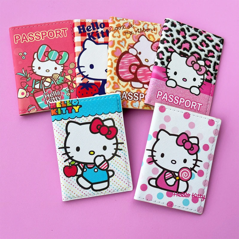 การ์ตูน HELLO KITTY ปกหนังสือเดินทางท่องเที่ยวกระเป๋าสตางค์ Unisex ธุรกิจมัลติฟังก์ชั่บัตรเครดิตกระเป๋าสตางค์ผู้หญิง Organizer Passport Case